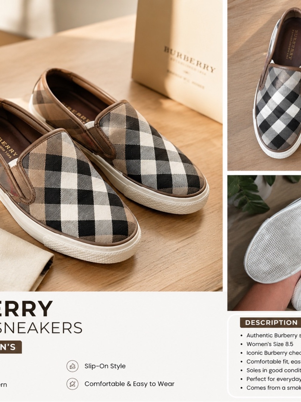 Burberry Check Slip-On Sneakers in Beige/Black